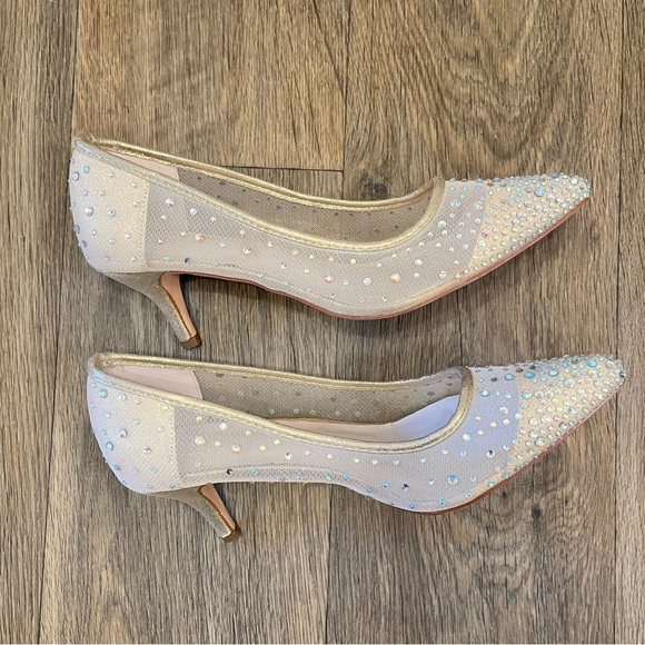 Elegant Beige Rhinestone Kitten Heels - Picture 4 of 9